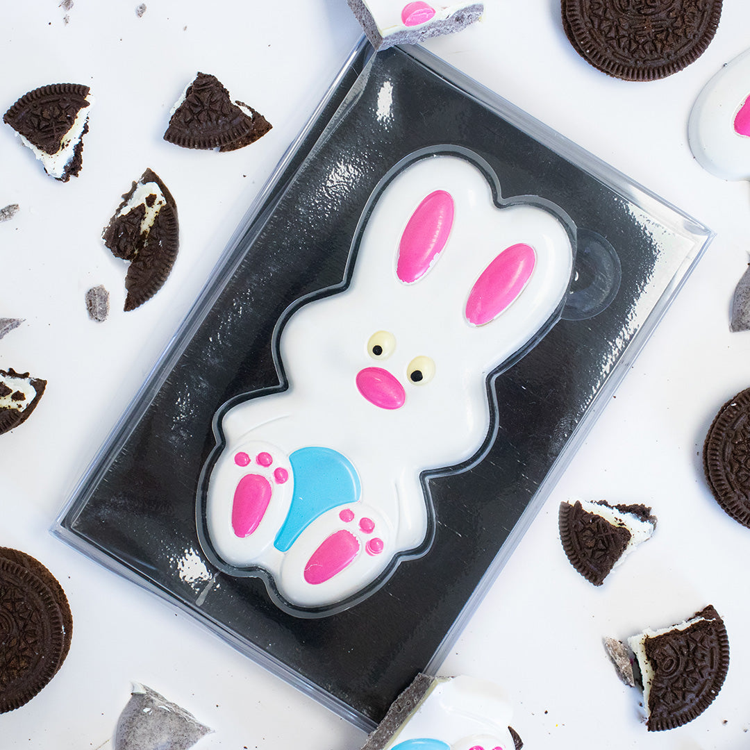 Chocolate mold shaped like a bunny with Oreo cookies around it