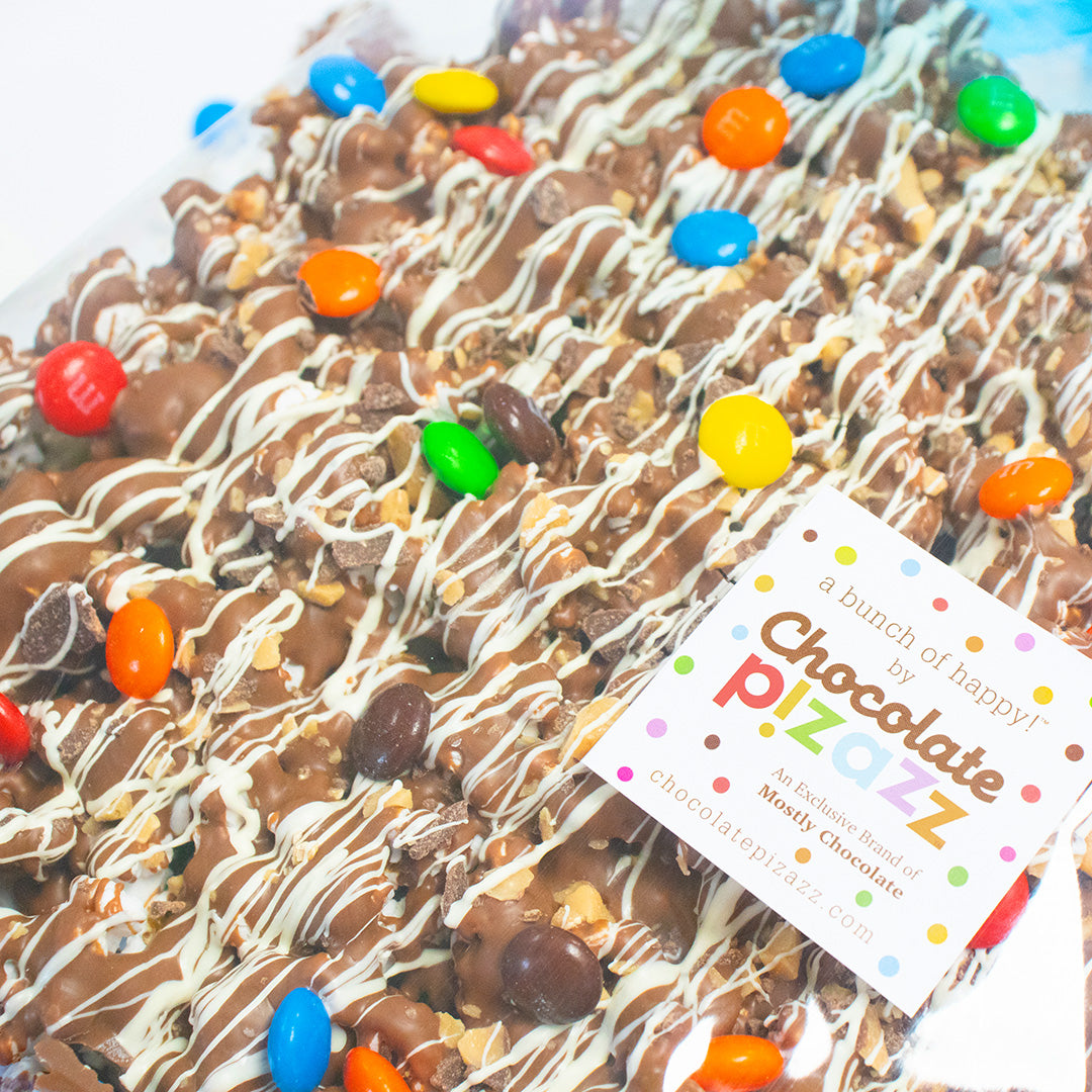 Chocolate snack mix with colorful candies and a 'Chocolate Pizazz' label.